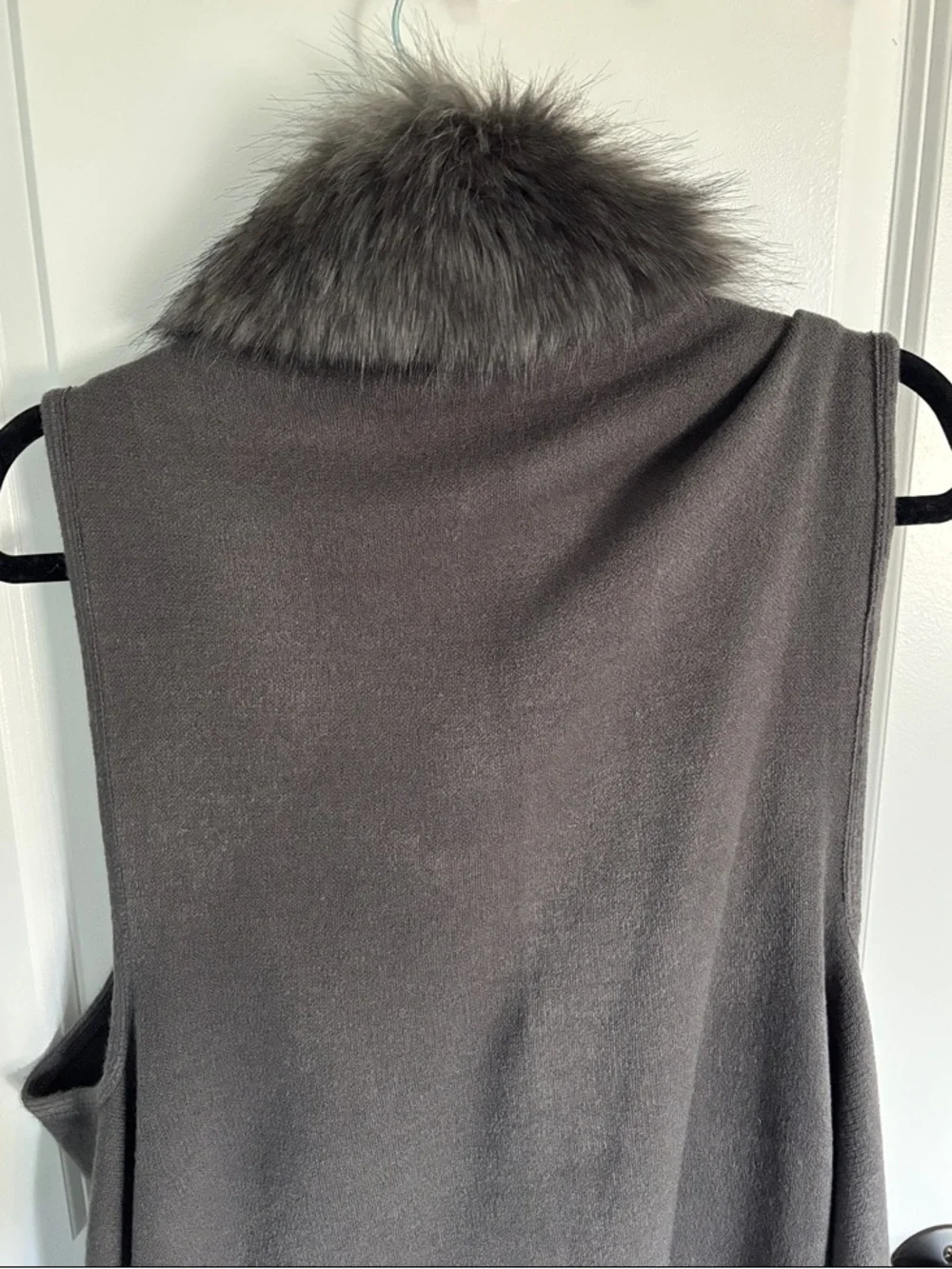 Surell Gray Faux Fur-Trim Sleeveless Cardigan